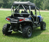 Rear three-quarter view of a blue Polaris RZR 4 with silver cage and the 3 Star black soft top installed