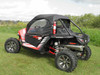 Rear three-quarter view of the 3 Star cab enclosure on the red Arctic Cat Wildcat showing the rear window and side doors