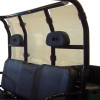 Kolpin clear rear window strapped to the cab frame behind the bench seat of a Polaris Ranger 500/700, view from the front
