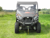 Straight front view of a CF Moto 500/800 with the 3 Star vinyl windshield and top installed, parked on mowed grass
