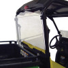 Kolpin clear rear window installed on a John Deere side-by-side with yellow seats, side view from the cargo bed