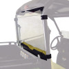 Kolpin rear window highlighted on a faded John Deere outline showing the clear panel, frame clamps and lower seal