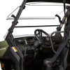 Kolpin full tilt windshield tilted open at the bottom on a green Can-Am Defender, viewed from the passenger side