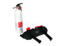 Pro Armor fire extinguisher mount holder laid flat next to the white extinguisher showing the mounting straps
