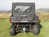 Rear view of a white Polaris Ranger with the 3 Star cab enclosure rear window panel installed