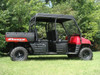 Full side view of a red Polaris Ranger 700 Crew with the 3 Star black soft top over both rows of seats