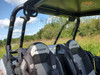 3 Star Lexan back panel on a Polaris RZR XP Turbo viewed from inside behind the RZR seats, clear panel and black cage