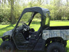 Side view of a camo Yamaha Rhino with the 3 Star soft top, vinyl windshield and rear window fitted