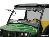 SuperATV scratch-resistant flip windshield installed on a green John Deere Gator XUV835, front close-up