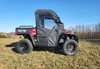 3 Star full cab enclosure on a red Hisun Sector 450, driver side profile with doors zipped and clear windows