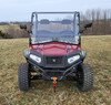 Front view of a red Hisun Sector 450 with the 3 Star 2-piece windshield and side mirrors installed