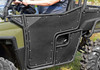 SuperATV aluminum doors for the Polaris Ranger 800 full size, black door closed on a green Ranger, side close-up