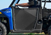 SuperATV black aluminum door installed on a blue Polaris Ranger XP, close side view with the driver arm resting on it