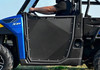 SuperATV black aluminum door installed on a blue Polaris Ranger XP, close side view with the driver arm resting on it