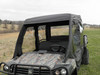 3 Star full cab enclosure with soft doors on a camo John Deere Gator 550 4-seater, front three-quarter view