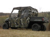 Polaris Ranger Mid-Size Crew with 3 Star camo soft doors and rear window, driver side rear three-quarter view