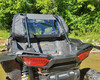 Rear view of the 3 Star rear window panel with clear vinyl above the Polaris RZR XP 4 tailgate in a creek