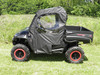 Driver side profile of the 3 Star soft doors with clear windows on a black side-by-side with red wheels