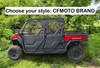 Red CFMoto UForce XL with factory style upper doors, side view labeled as the factory brand style option