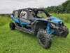 Front three-quarter view of a blue Can-Am Maverick X3 Max with all four 3 Star soft upper doors installed