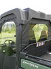Close rear corner view of the 3 Star soft door and rear window on the green John Deere Gator XUV