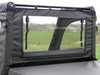 Close-up of the 3 Star rear window panel on a Polaris Ranger 570 Mid-Size, clear window with two roll-up straps