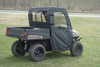 Rear three-quarter view of a camo Polaris mid-size Ranger with the 3 Star doors and rear window panel