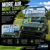 3 Star more air more comfort infographic showing the two-piece windshield with bottom half off on a Kawasaki Mule