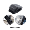 3 Star ABS windshield clamp with strap, shown alone and mounted on a cage tube, labeled ABS clamps