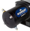 Close-up of the MotoAlliance Viper Midnight winch motor end with blue label and power terminals