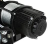 Close-up of the MotoAlliance Viper Midnight winch drum and gear housing end with steel cable