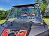 3 Star 1-piece windshield with vents on a Polaris RZR XP 4 Turbo, close front view over the hood with the red seats behind