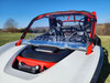 3 Star 1-piece windshield on a white and red Segway Villain, close front view over the hood showing the red cage