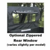 Optional zippered rear window on the 3 Star Mahindra Roxor back panel, close-up with caption