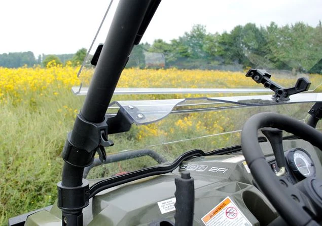 View from the Polaris Ranger driver seat of the SuperATV windshield propped open