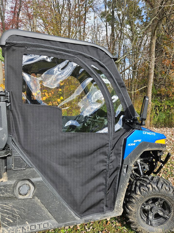 Side X Side full door on a blue CFMOTO UForce 600 seen from the front corner, black fabric lower and clear upper window