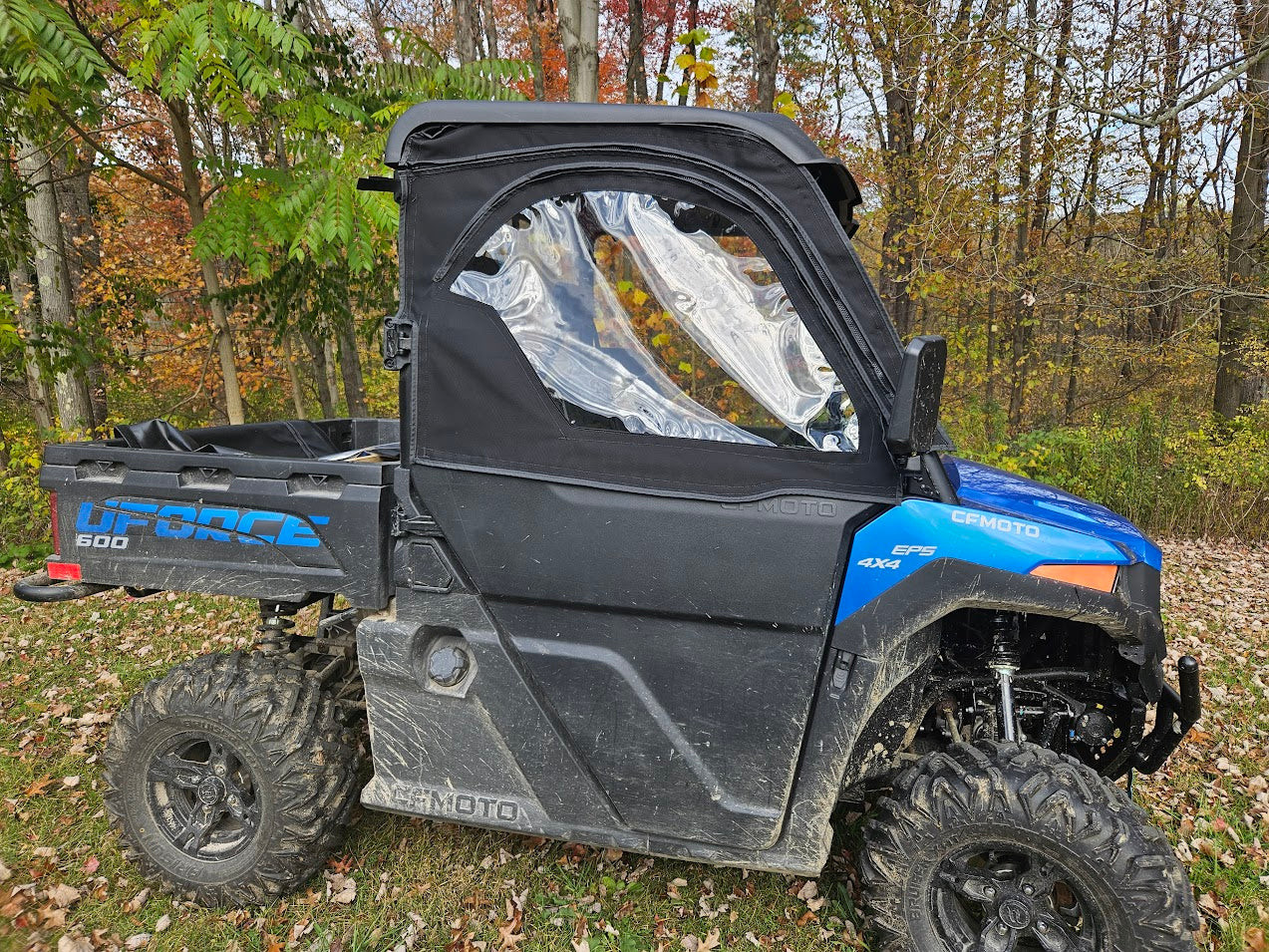 Driver side view of the Side X Side upper door with vinyl window on a blue CFMoto UForce 600