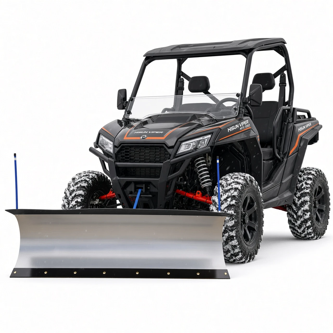 KFI complete plow system with Pro-S steel blade installed on a Hisun Viper NTX 550 UTV, front three-quarter view