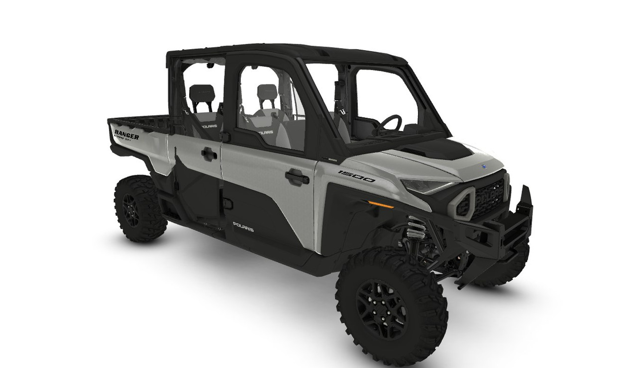 Gray Polaris Ranger XD 1500 crew with full cab, rendered front three-quarter view on white