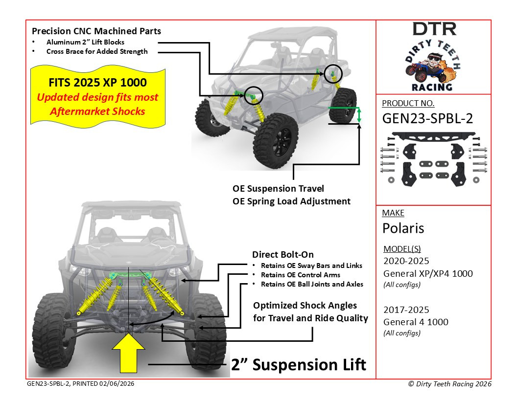 Dirty Teeth Racing Billet Aluminum 2.5-Inch Lift Kit for 2015-2026 Polaris General