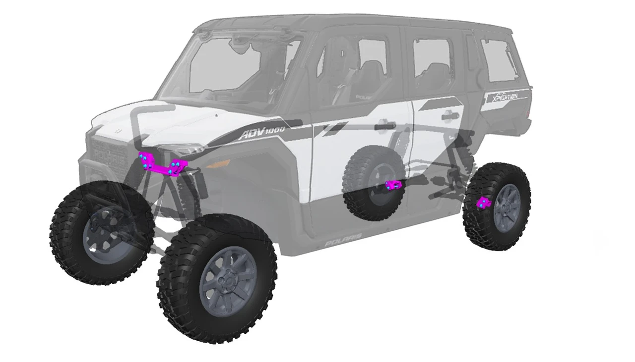Dirty Teeth Racing 2-inch lift kit blocks highlighted in purple on a ghosted Polaris Xpedition ADV 5, front three-quarter view