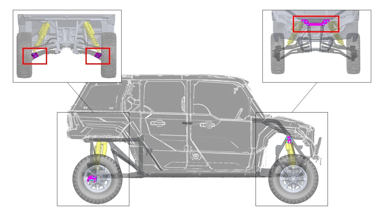Diagram of the Dirty Teeth Racing Polaris Xpedition lift kit install points with front and rear close-ups