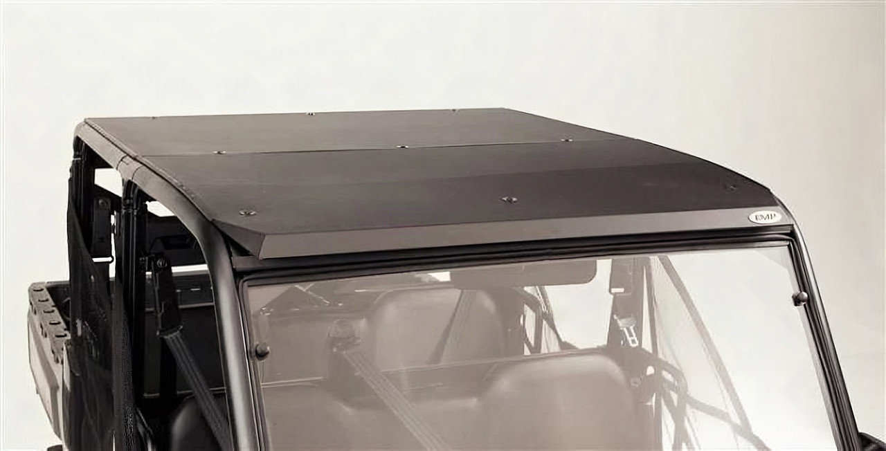 Extreme Metal Products aluminum roof on a Polaris Ranger XP900 Crew cab, black panel seen from above on a white background