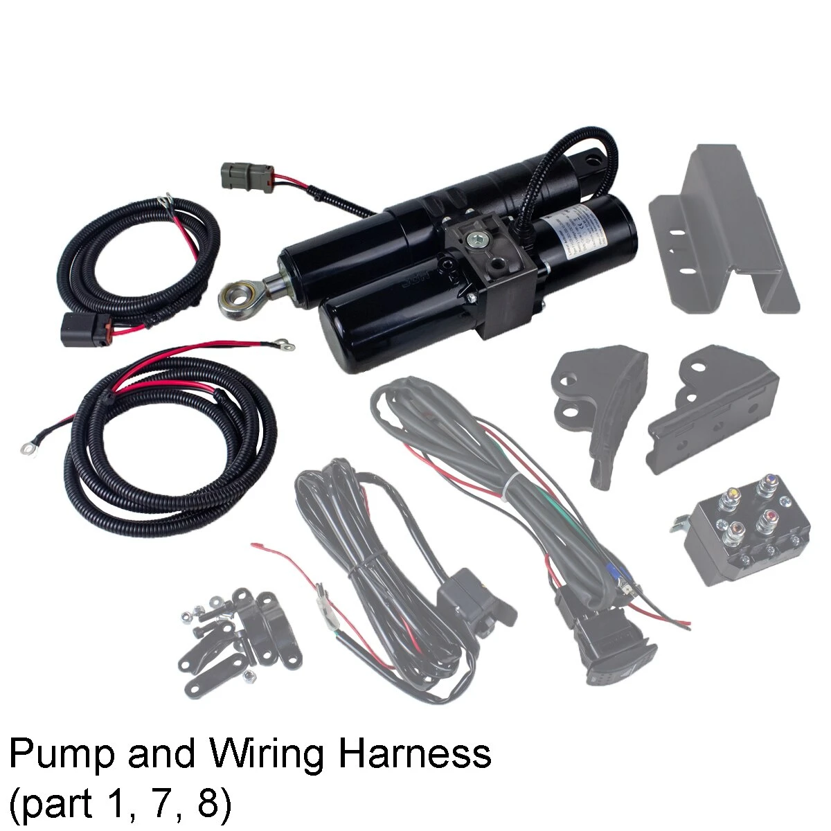 Denali Hydro-Turn hydraulic pump with power cable and wiring harness, parts 1, 7 and 8