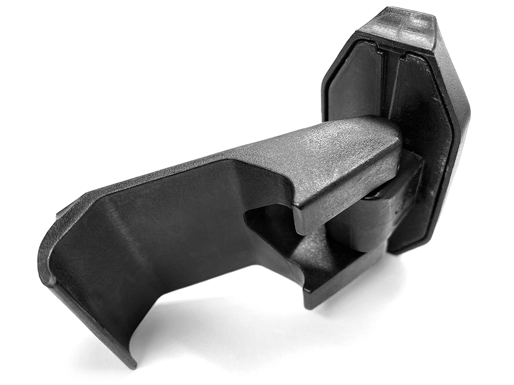 Spike replacement part for Spike TRR windshields: replacement clamp, rear angled view on white background