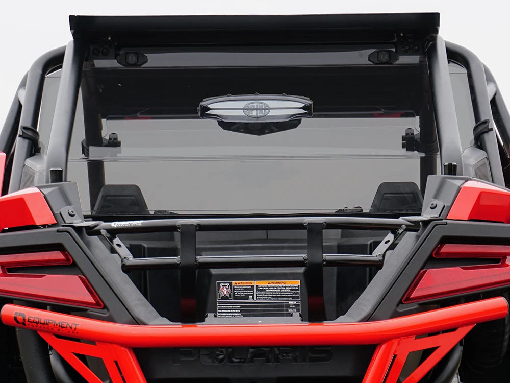 Spike rear windshield for Polaris RZR Pro XP 2-seat and RZR Turbo R 2-seat: tinted vented rear windshield on a red UTV,...