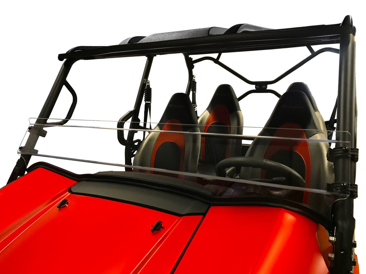 Spike short windshield for Kawasaki Teryx 2- and 4-seat: half windshield on a red four-seat UTV, front view