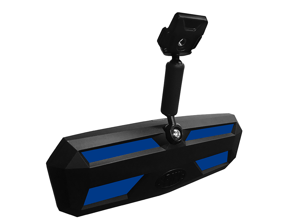 Spike mirror for Polaris Ranger: rearview mirror with mount and blue accents, back view