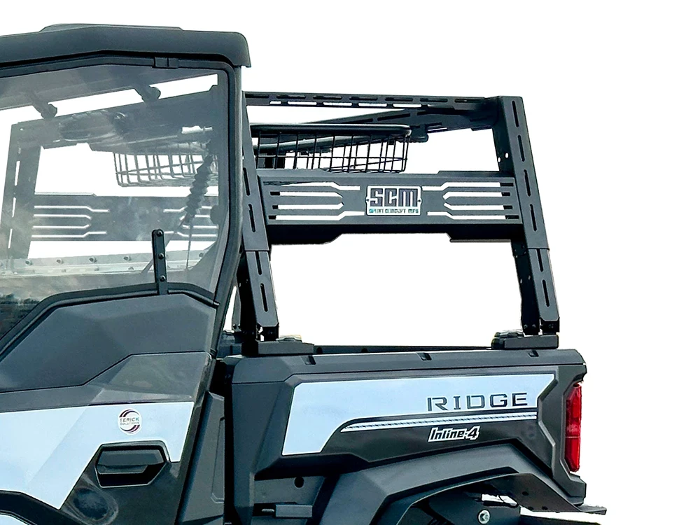 SCM bed rack for Kawasaki Ridge 3-seat and Ridge Crew: bed rack installed on a Kawasaki Ridge, rear corner close-up