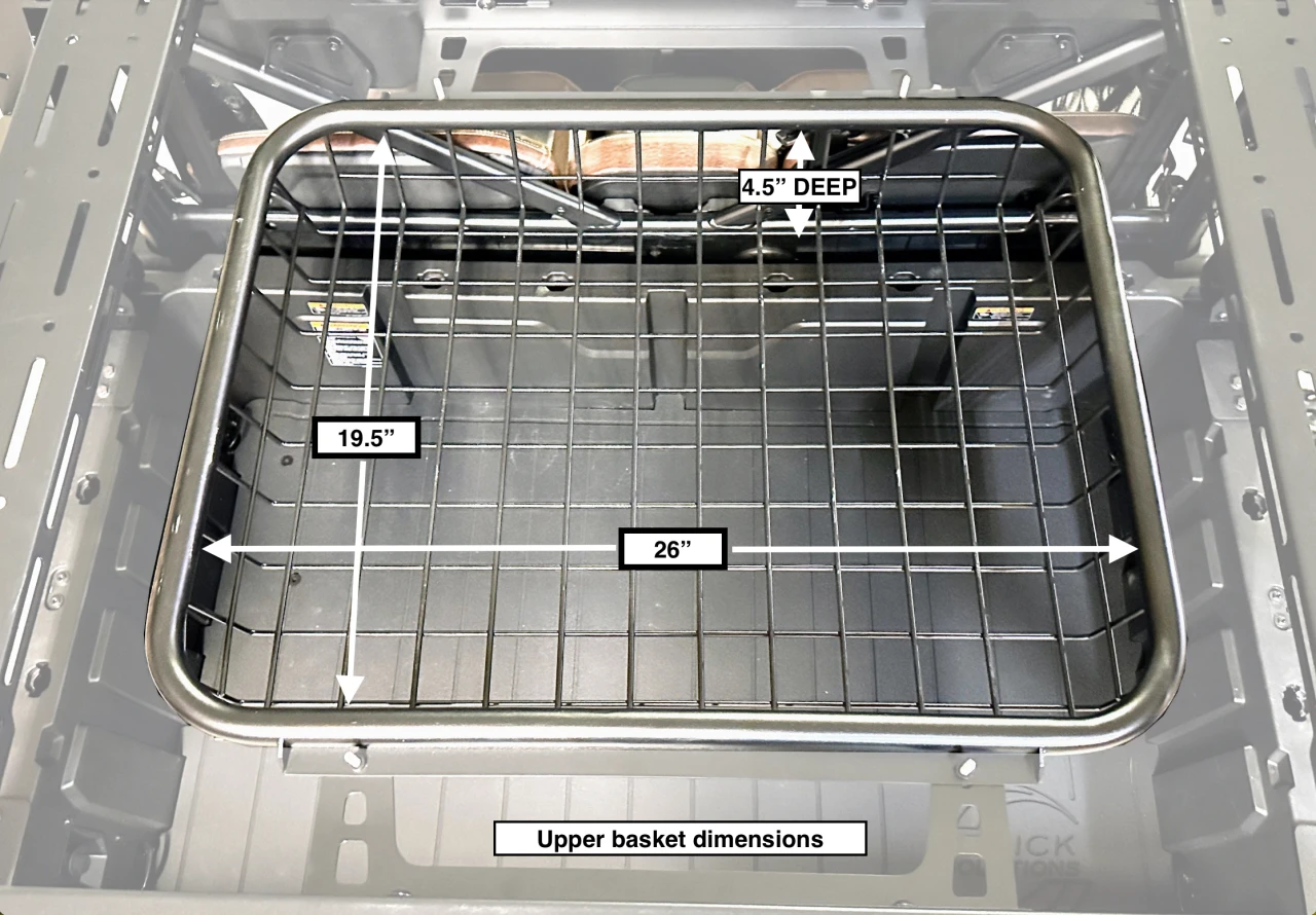 SCM bed rack for Kawasaki Ridge 3-seat and Ridge Crew: top view of the upper basket with dimension labels